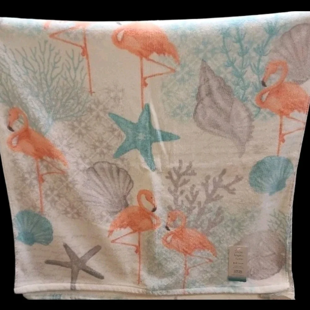2pc Resort Tropical Pink Flamingo Starfish Seashell Velour Bath TOWEL Set New